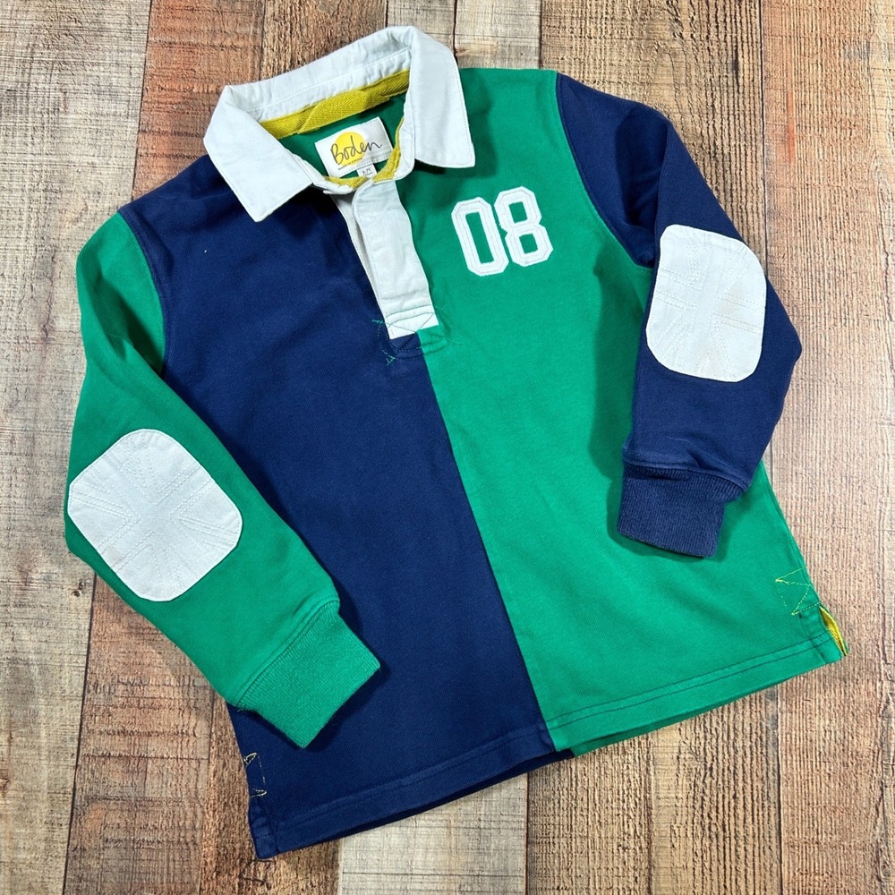Boden Kids Green Navy Cotton Rugby Shirt Union Jack Elbow Patches Size 6-7Y 08